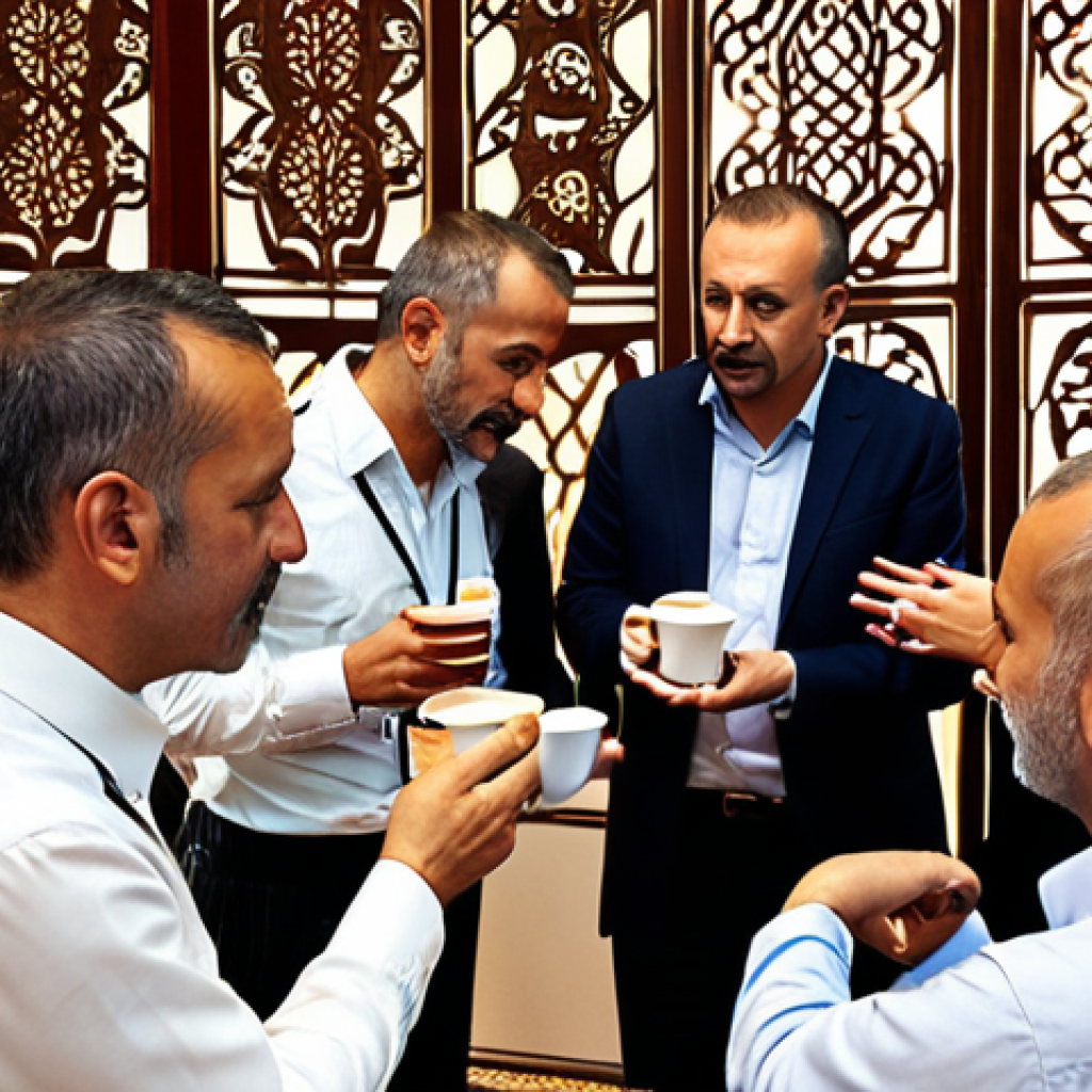 ** A diverse group of people engaged in a lively discussion at an international business conference in Istanbul, Turkey. The setting should include Turkish cultural elements like Turkish coffee service or traditional patterns in the background. Focus on capturing active listening and empathetic body language.

**