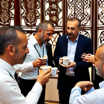 ** A diverse group of people engaged in a lively discussion at an international business conference in Istanbul, Turkey. The setting should include Turkish cultural elements like Turkish coffee service or traditional patterns in the background. Focus on capturing active listening and empathetic body language.

**