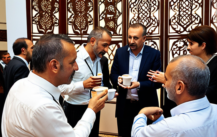** A diverse group of people engaged in a lively discussion at an international business conference in Istanbul, Turkey. The setting should include Turkish cultural elements like Turkish coffee service or traditional patterns in the background. Focus on capturing active listening and empathetic body language.
**